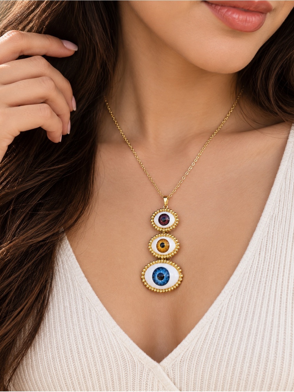 Gold Triple Evil Eye Necklace with Blue and Navy Accents